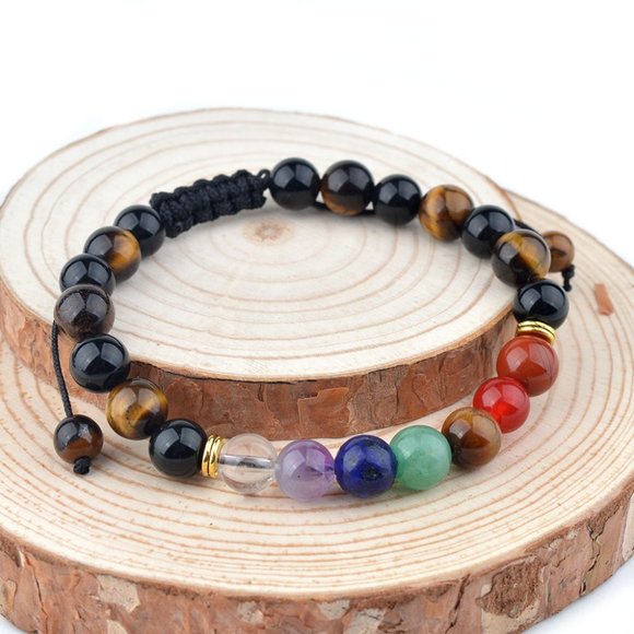 Tiger Eye Bracelet with Rainbow Obsidian Seven Stone Chakra 8 MM - Picture 3 of 4